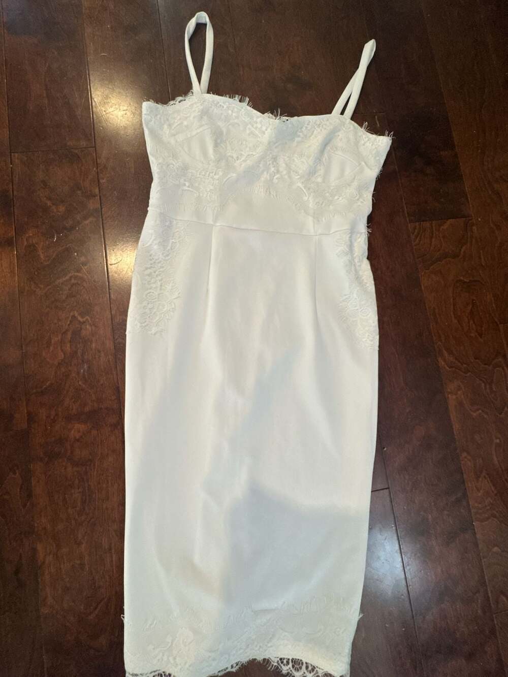 CBR White Sleeveless Spaghetti Strap Midi Cocktail Dress with Lace Trim